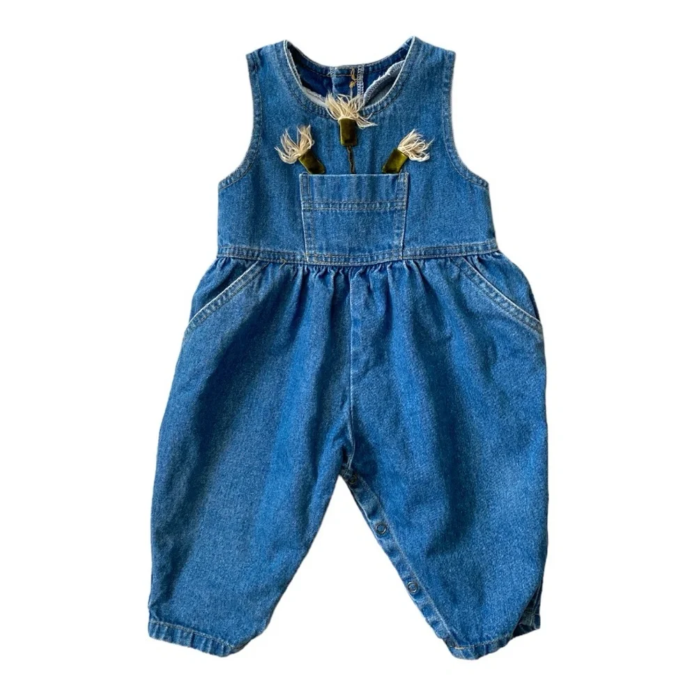 VINTAGE Cach Cach Romper Jumper Overalls Pants Jeans Denim Appliqué Embroidery
